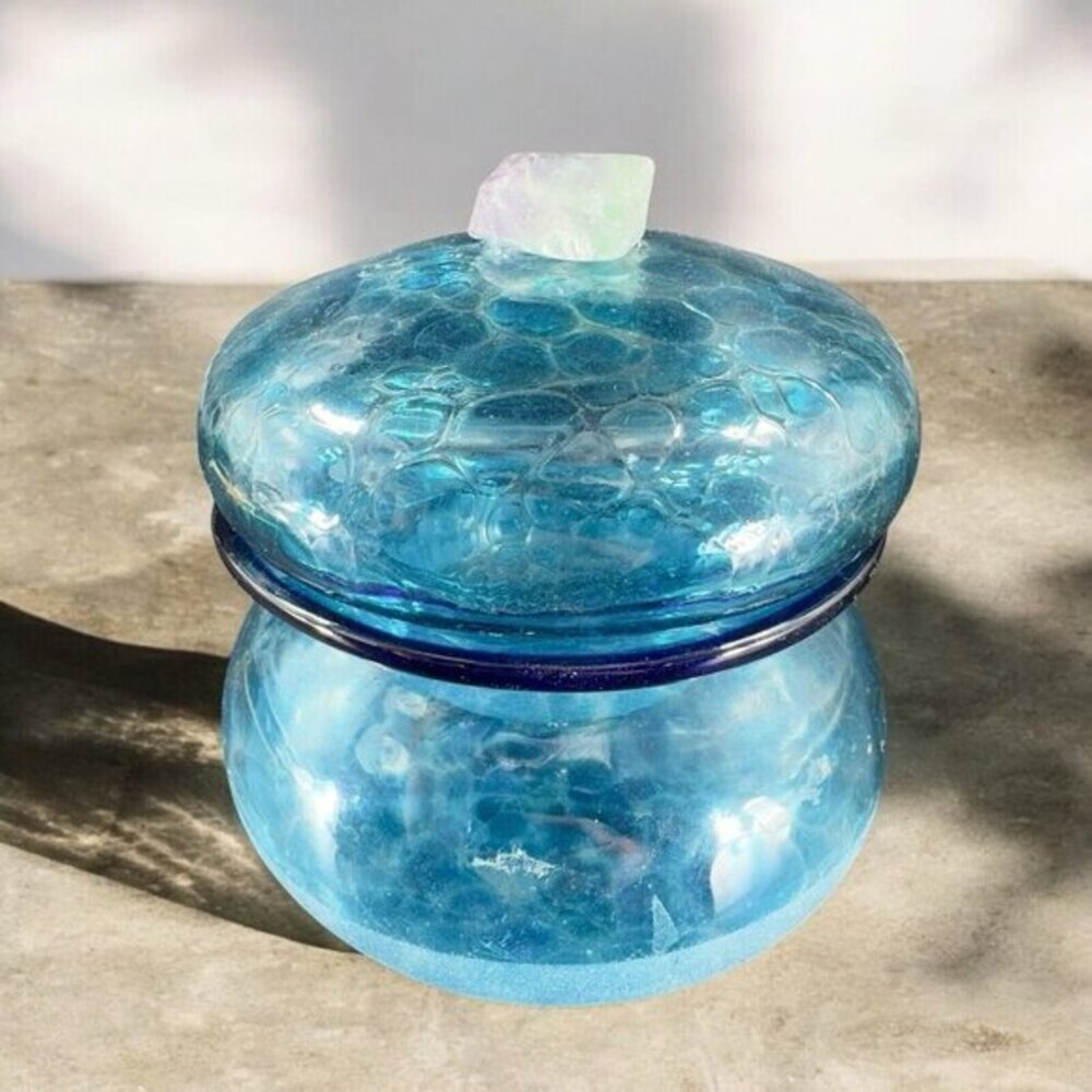 Hand Blown Glass Canister Jar With Lid Blue Frosted Bottom Hand Made In Mexico‎